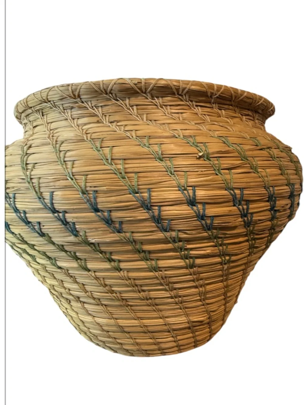 vintage Native American style pine needle basket, similar to those identified